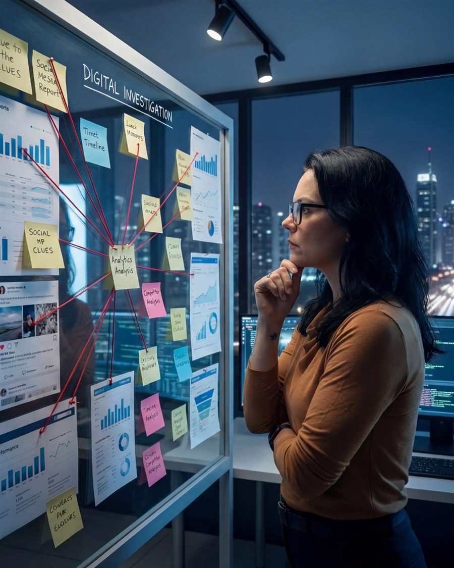 Imagem editorial de uma estrategista analisando um painel de marketing digital