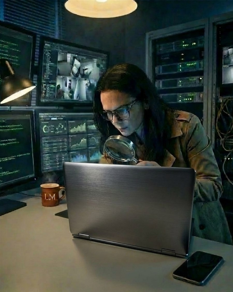 Imagem editorial de uma profissional investigando dados em um ambiente tecnológico