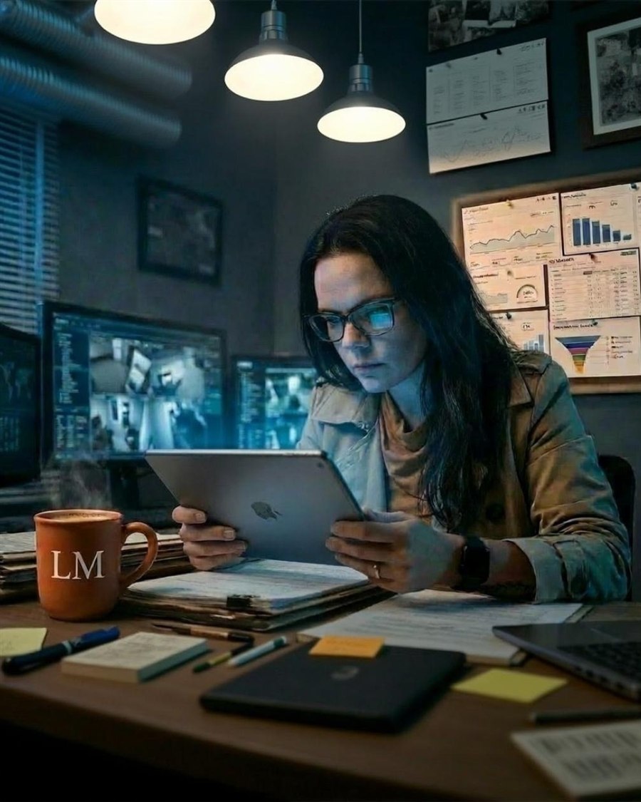 Imagem editorial de uma profissional analisando informações em um tablet