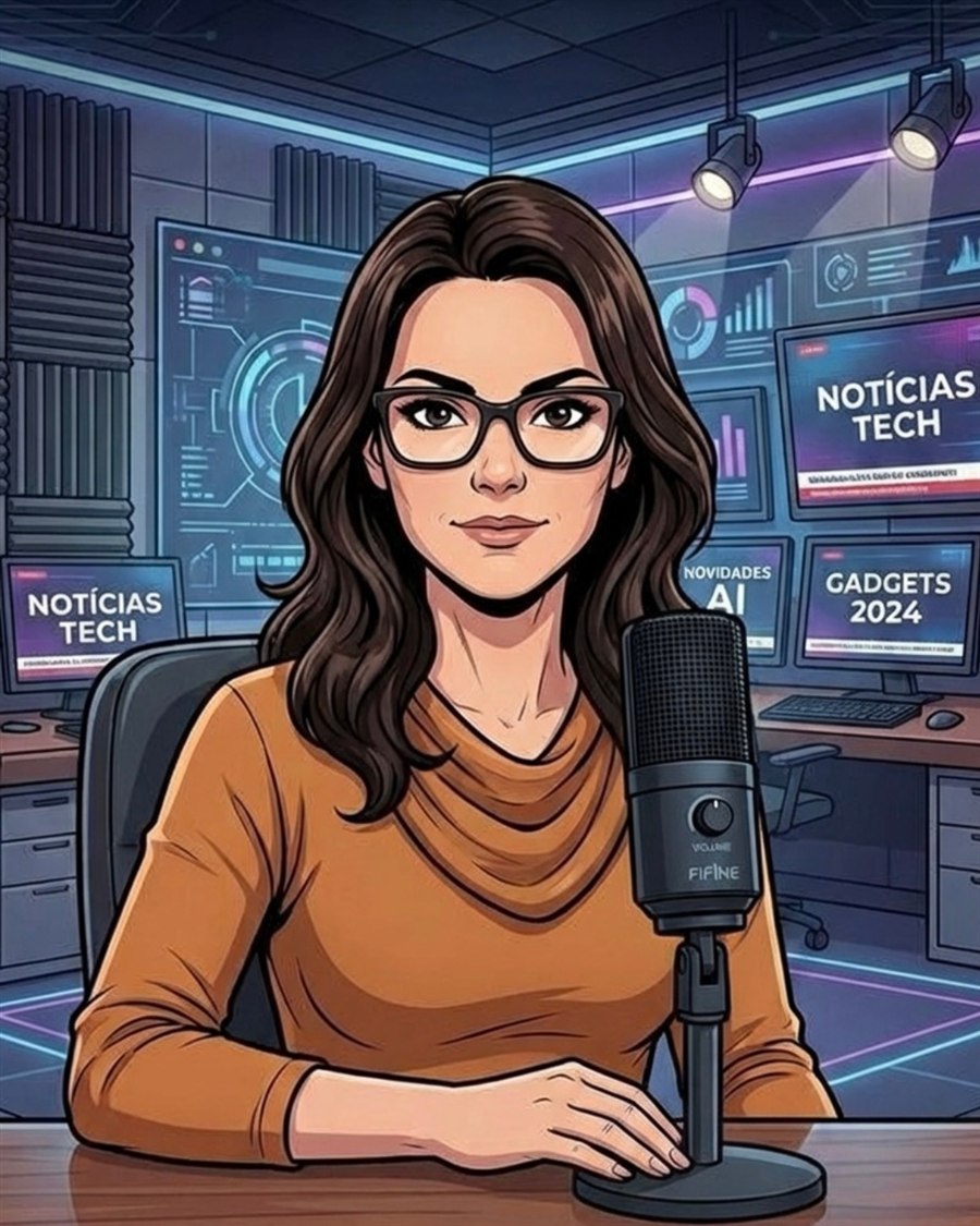 Ilustração editorial de uma apresentadora diante de um microfone em um estúdio de tecnologia